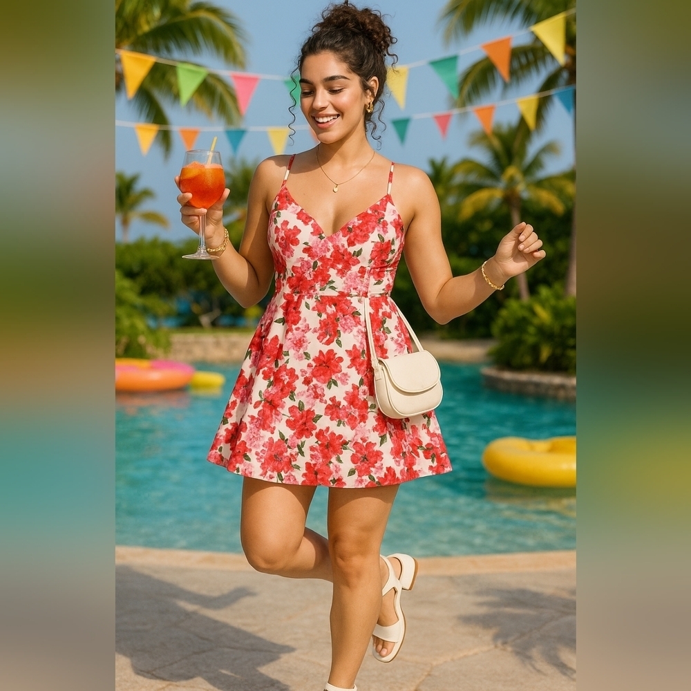 Summer Wedding Guest Sundress Cruise Floral Medium Mini Red Tropical Babydoll
